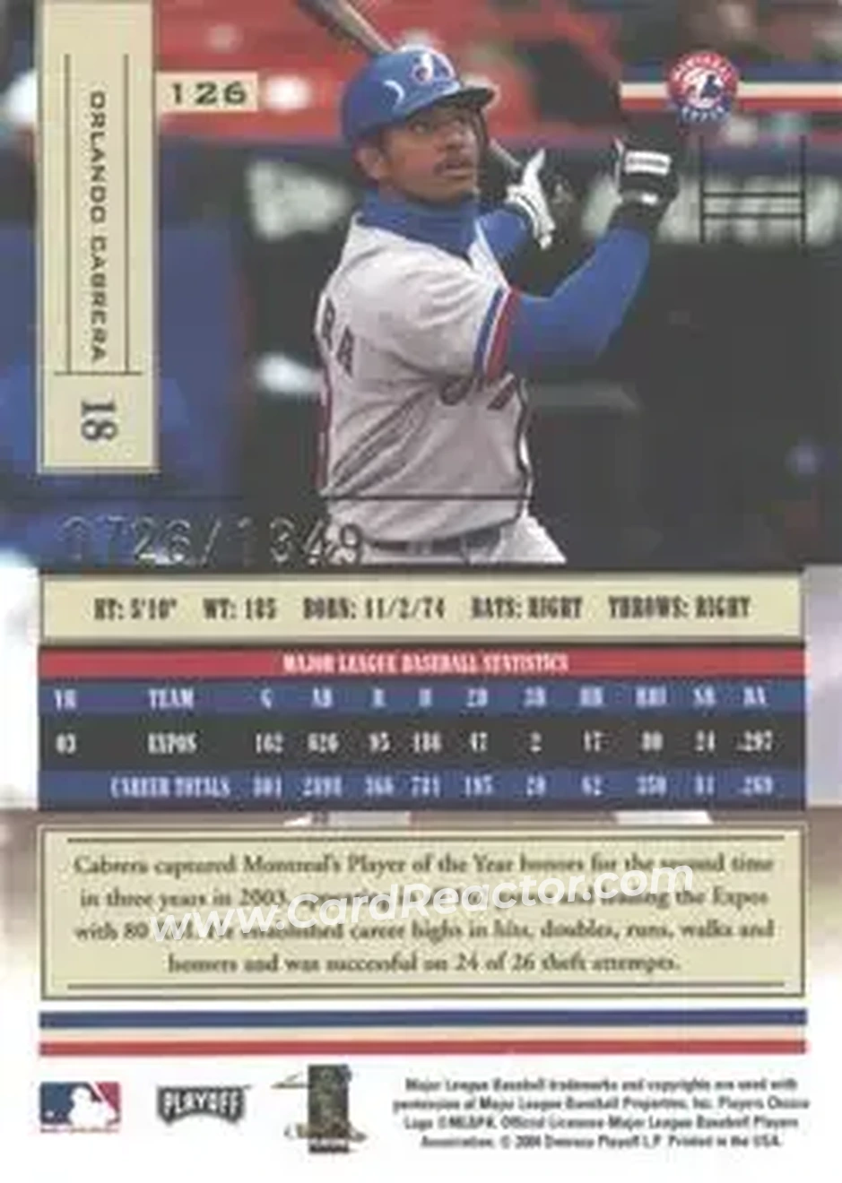 2004 Playoff Absolute Memorabilia #126 - Orlando Cabrera - Montreal Expos - Back 2004 Playoff Absolute Memorabilia #126 - Orlando Cabrera - Montreal Expos - Back