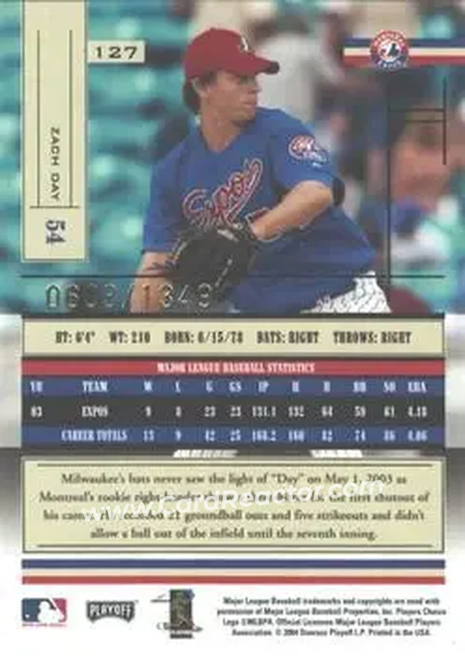 2004 Playoff Absolute Memorabilia #127 - Zach Day - Montreal Expos - Back