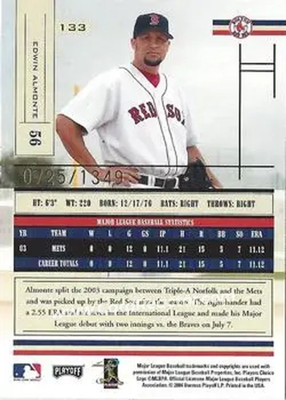 2004 Playoff Absolute Memorabilia #133 - Edwin Almonte - Boston Red Sox - Back