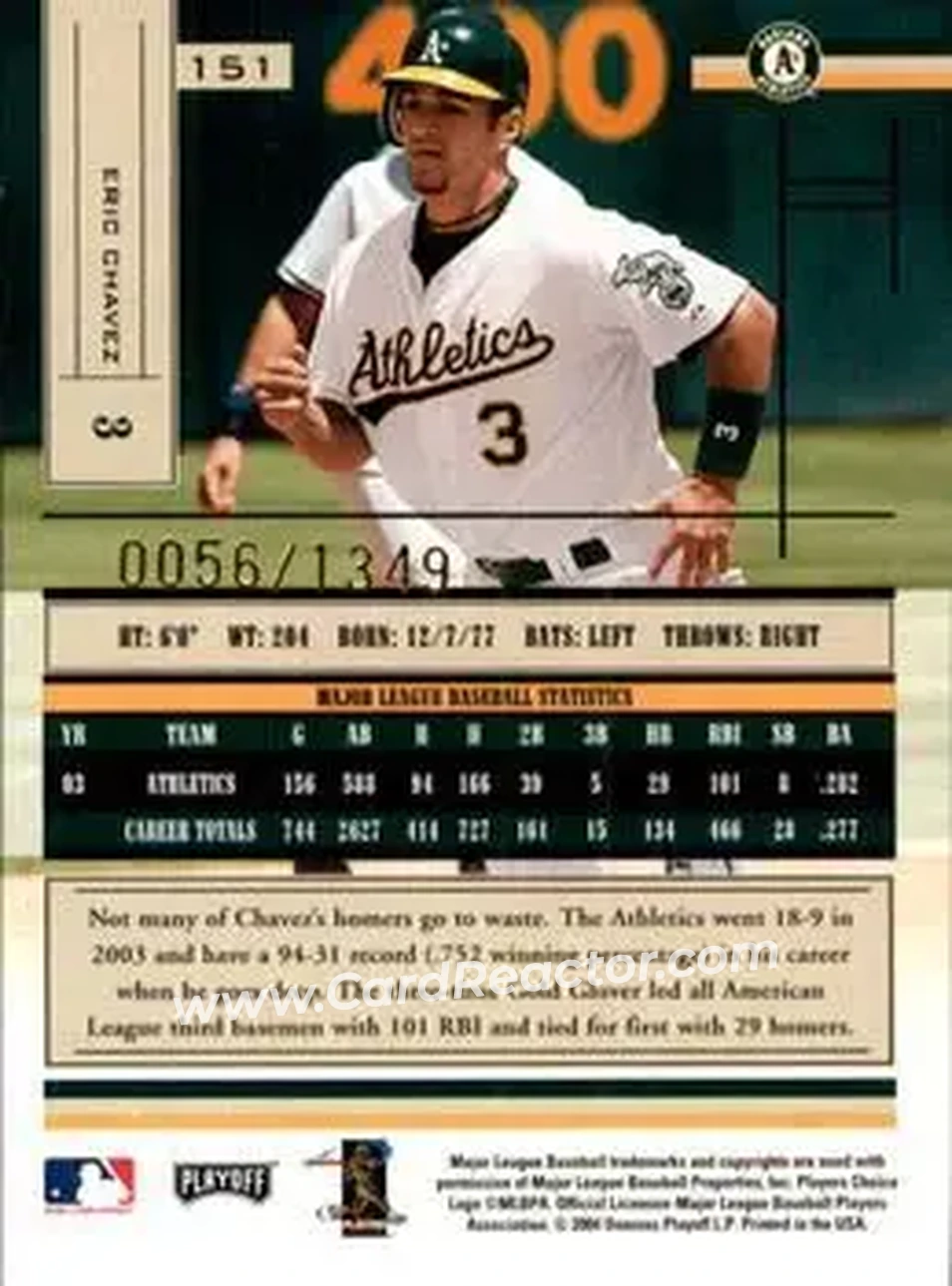 2004 Playoff Absolute Memorabilia #151 - Eric Chavez - Oakland Athletics - Back 2004 Playoff Absolute Memorabilia #151 - Eric Chavez - Oakland Athletics - Back
