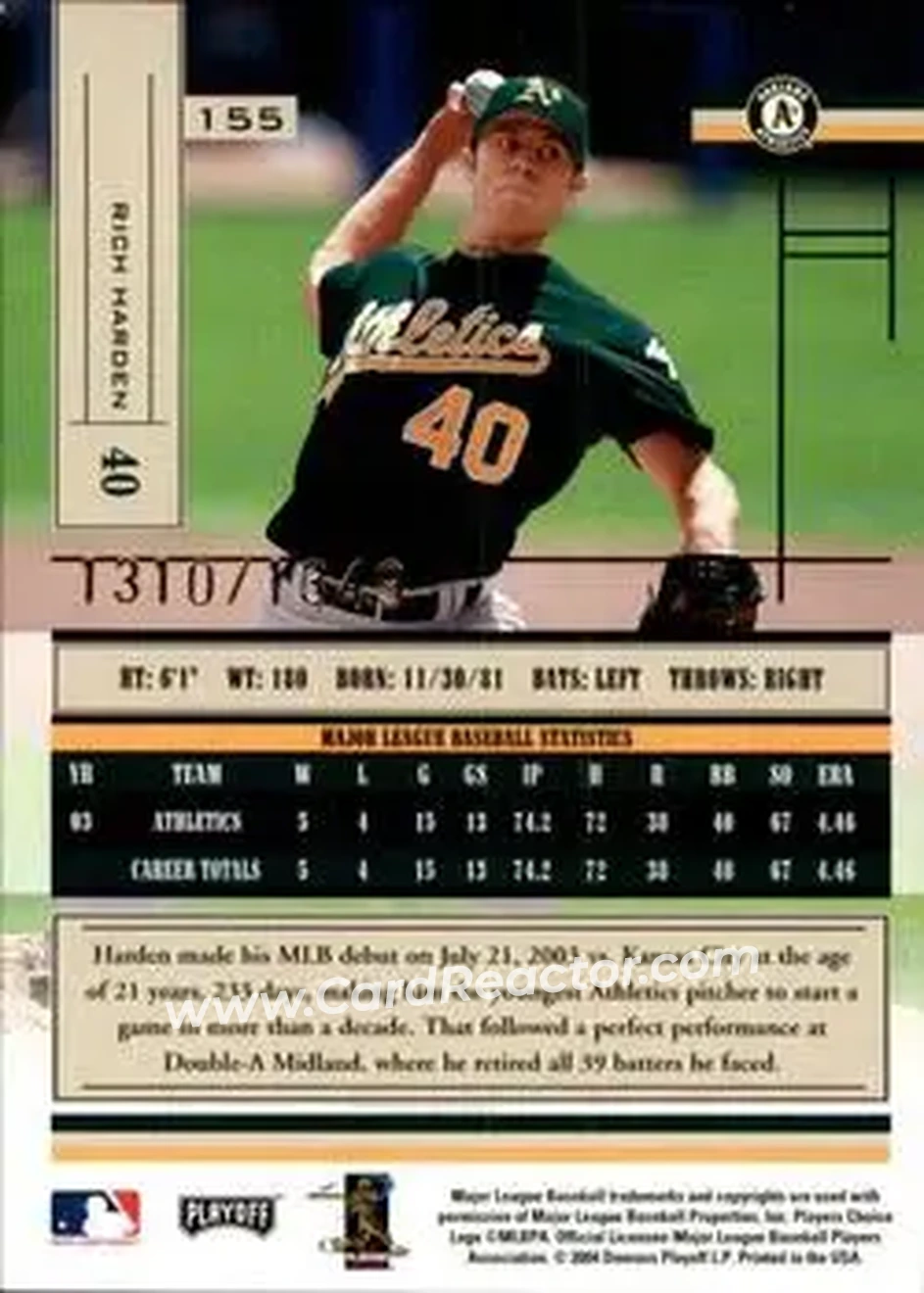 2004 Playoff Absolute Memorabilia #155 - Rich Harden - Oakland Athletics - Back
