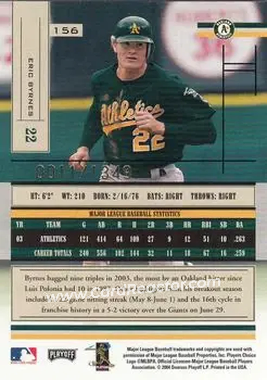2004 Playoff Absolute Memorabilia #156 - Eric Byrnes - Oakland Athletics - Back