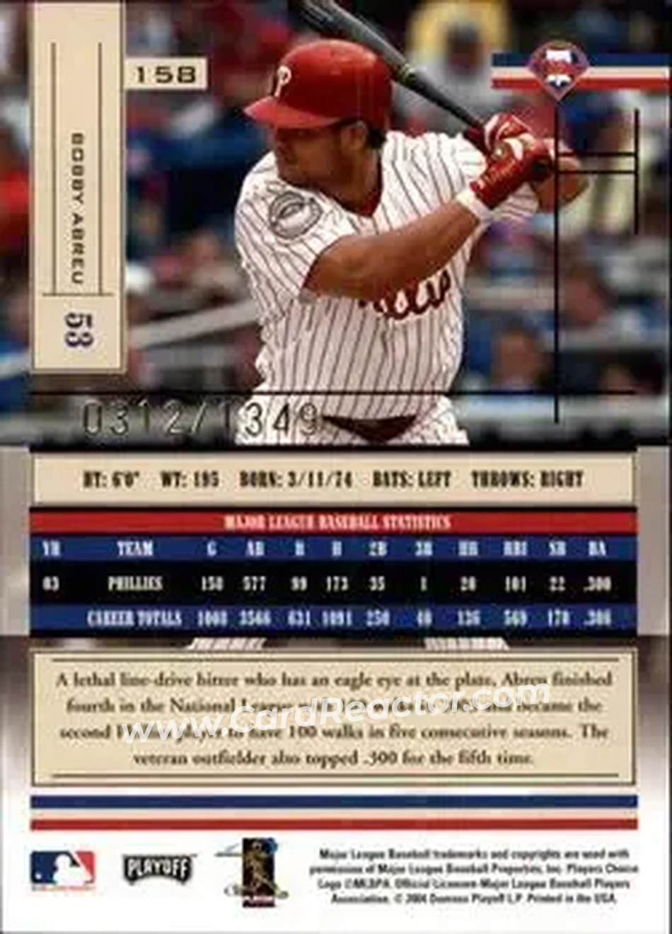 2004 Playoff Absolute Memorabilia #158 - Bob Abreu - Philadelphia Phillies - Back