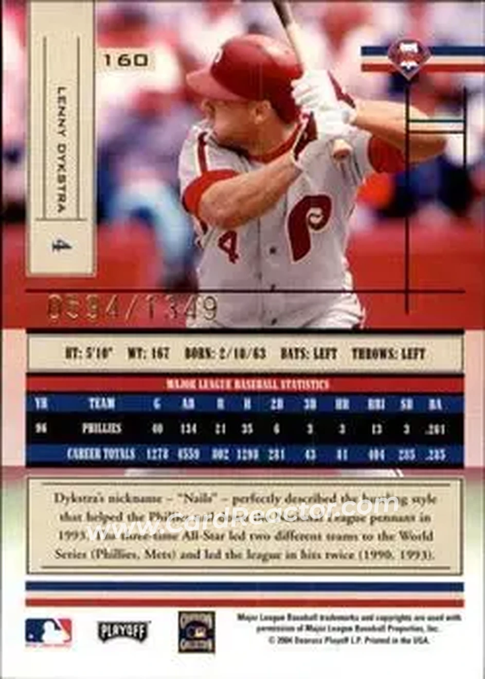 2004 Playoff Absolute Memorabilia #160 - Len Dykstra - Philadelphia Phillies - Back 2004 Playoff Absolute Memorabilia #160 - Len Dykstra - Philadelphia Phillies - Back