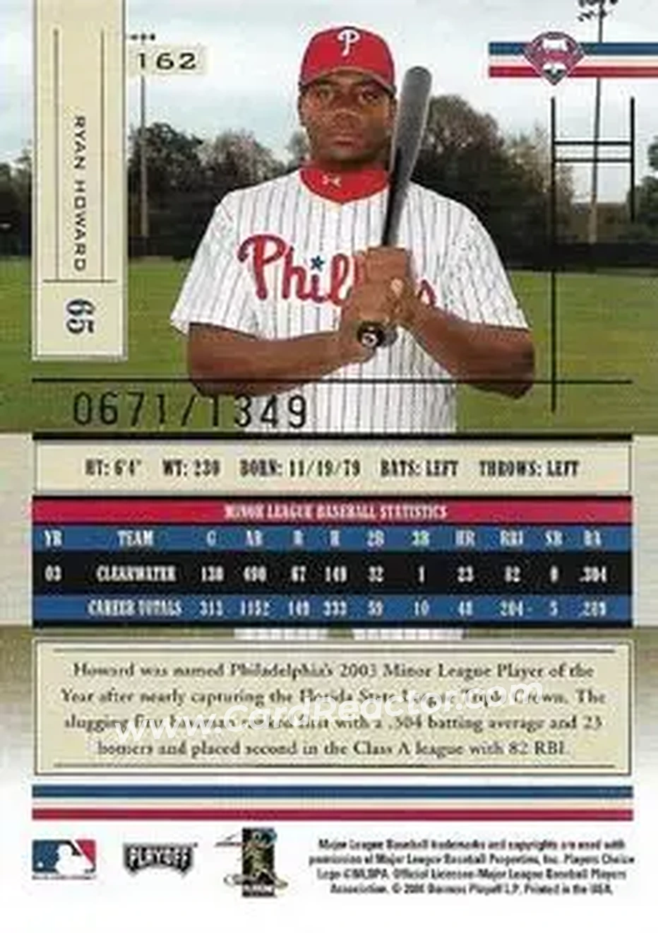 2004 Playoff Absolute Memorabilia #162 - Ryan Howard - Philadelphia Phillies - Back
