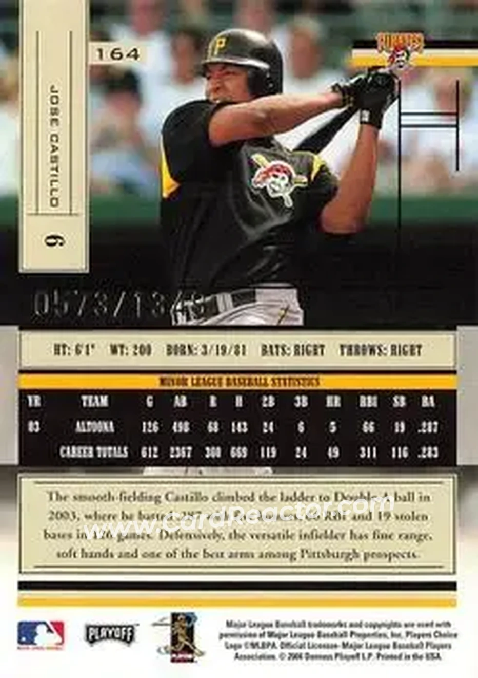 2004 Playoff Absolute Memorabilia #164 - Jose Castillo - Pittsburgh Pirates - Back 2004 Playoff Absolute Memorabilia #164 - Jose Castillo - Pittsburgh Pirates - Back