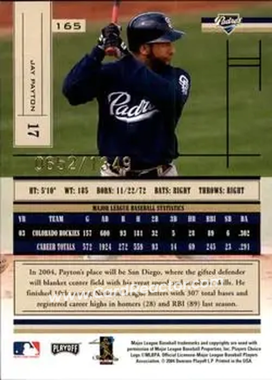 2004 Playoff Absolute Memorabilia #165 - Jay Payton - San Diego Padres - Back 2004 Playoff Absolute Memorabilia #165 - Jay Payton - San Diego Padres - Back