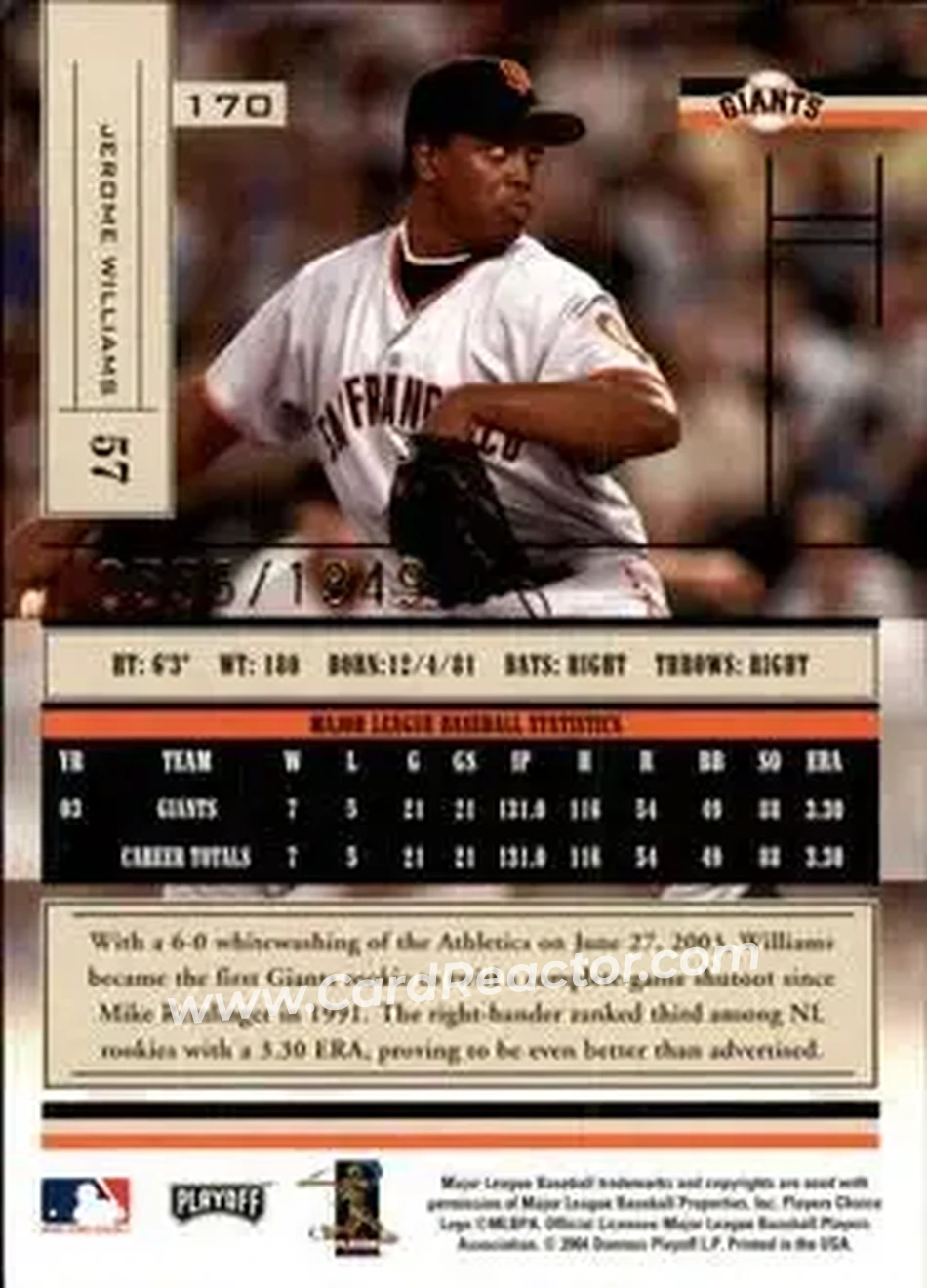 2004 Playoff Absolute Memorabilia #170 - Jerome Williams - San Francisco Giants - Back