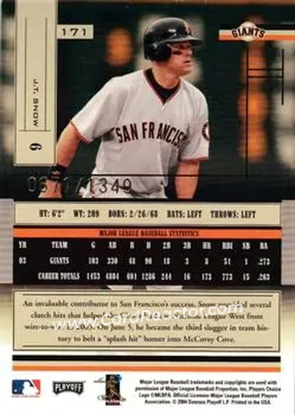 2004 Playoff Absolute Memorabilia #171 - J.T. Snow - San Francisco Giants - Back