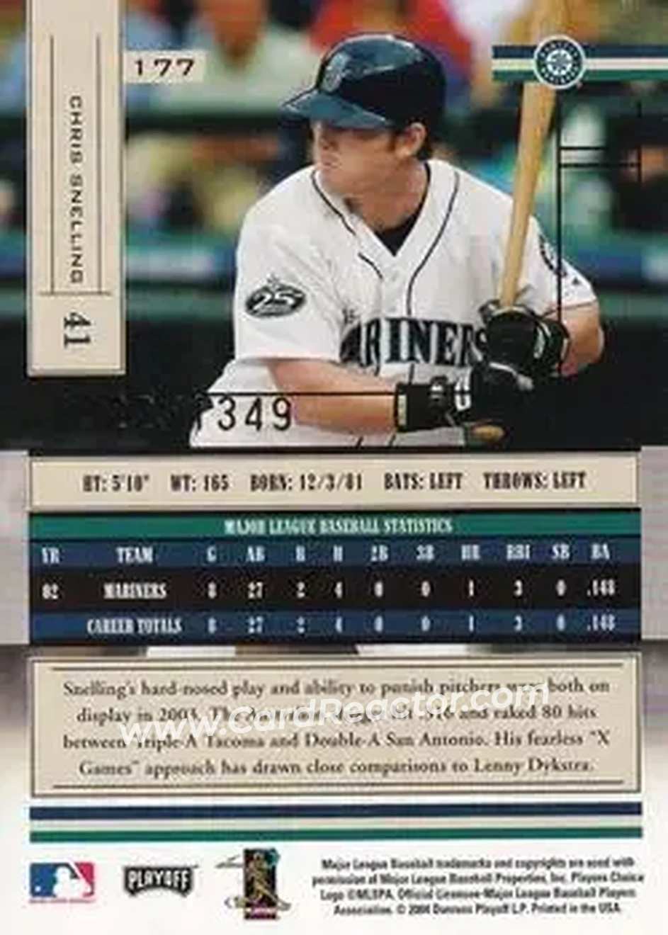 2004 Playoff Absolute Memorabilia #177 - Chris Snelling - Seattle Mariners - Back