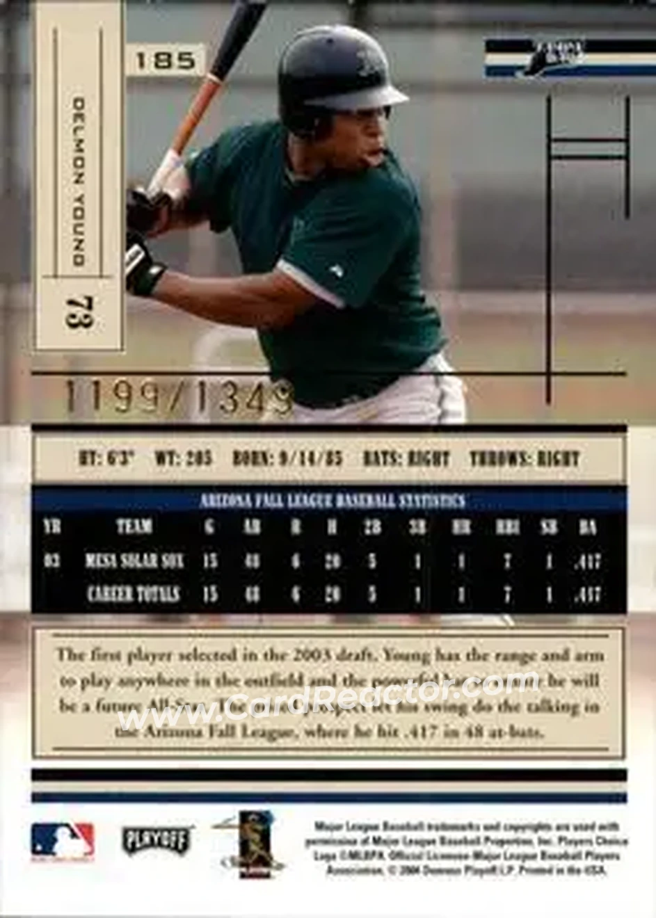 2004 Playoff Absolute Memorabilia #185 - Delmon Young - Tampa Bay Devil Rays - Back