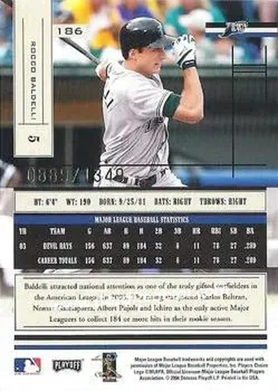 2004 Playoff Absolute Memorabilia #186 - Rocco Baldelli - Tampa Bay Devil Rays - Back