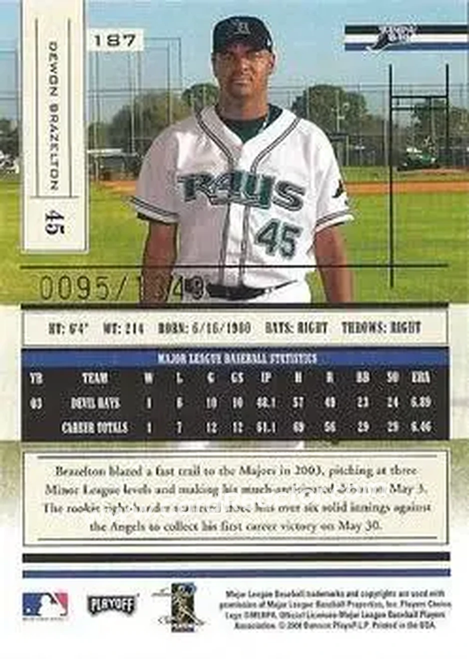 2004 Playoff Absolute Memorabilia #187 - Dewon Brazelton - Tampa Bay Devil Rays - Back