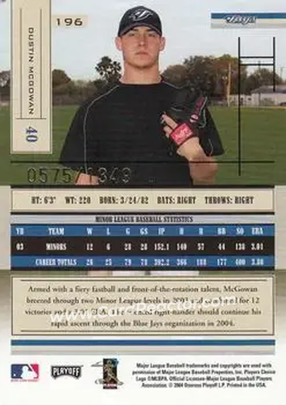 2004 Playoff Absolute Memorabilia #196 - Dustin McGowan - Toronto Blue Jays - Back