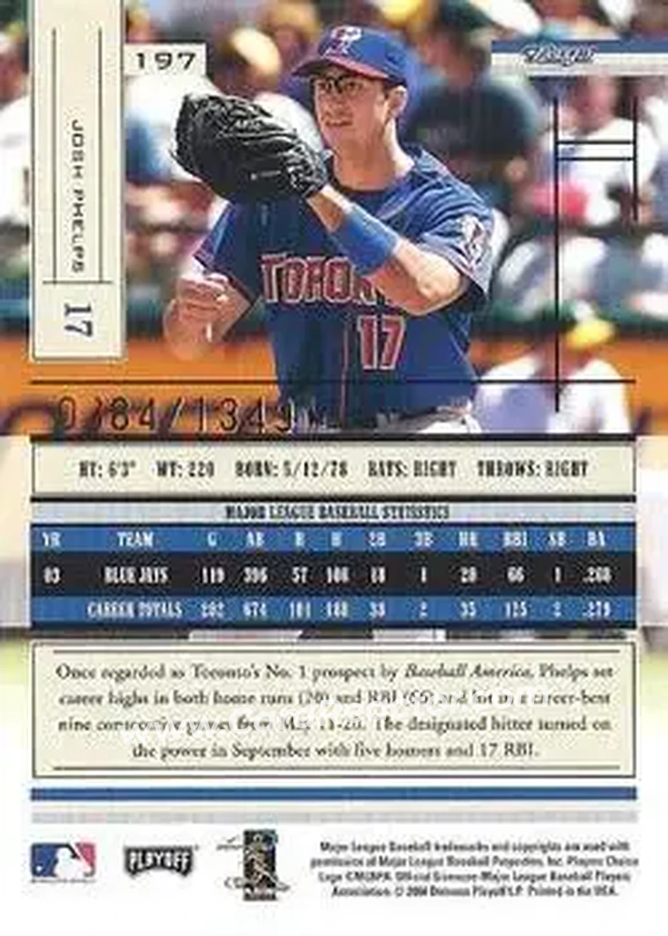 2004 Playoff Absolute Memorabilia #197 - Josh Phelps - Toronto Blue Jays - Back 2004 Playoff Absolute Memorabilia #197 - Josh Phelps - Toronto Blue Jays - Back