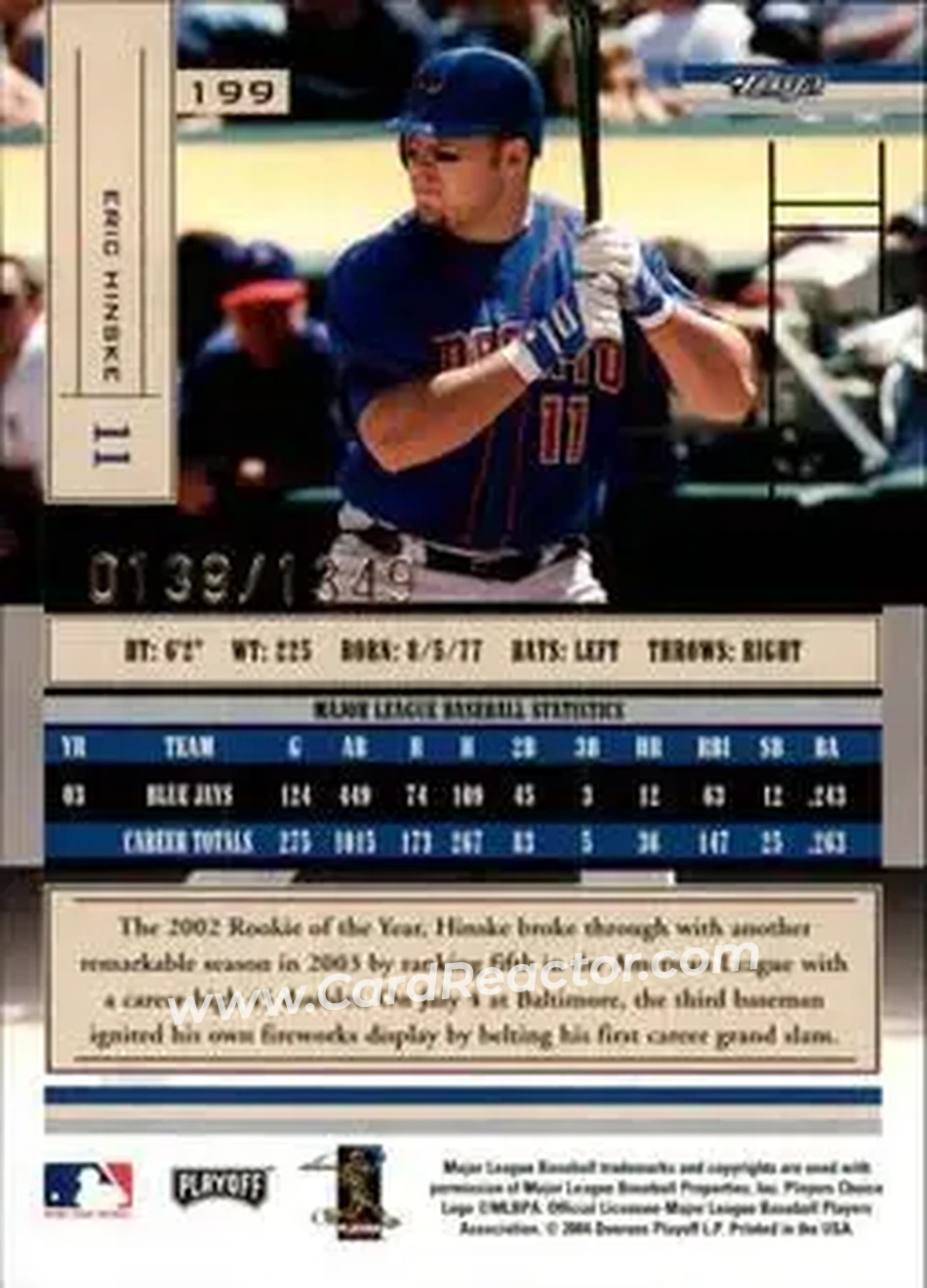 2004 Playoff Absolute Memorabilia #199 - Eric Hinske - Toronto Blue Jays - Back 2004 Playoff Absolute Memorabilia #199 - Eric Hinske - Toronto Blue Jays - Back