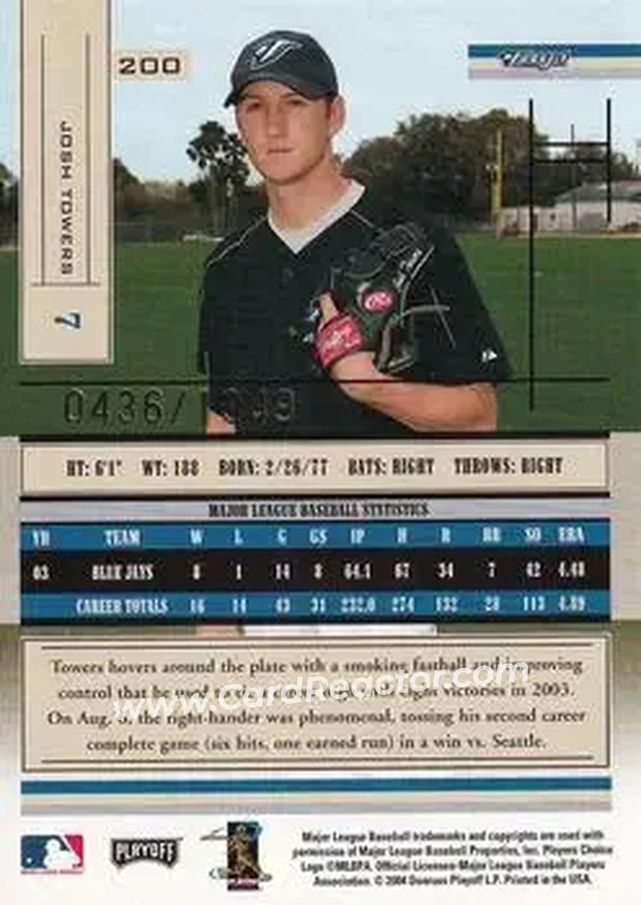 2004 Playoff Absolute Memorabilia #200 - Josh Towers - Toronto Blue Jays - Back