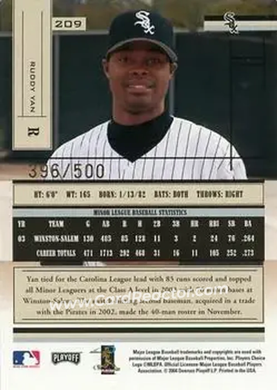 2004 Playoff Absolute Memorabilia #209 - Ruddy Yan - Chicago White Sox - Back 2004 Playoff Absolute Memorabilia #209 - Ruddy Yan - Chicago White Sox - Back