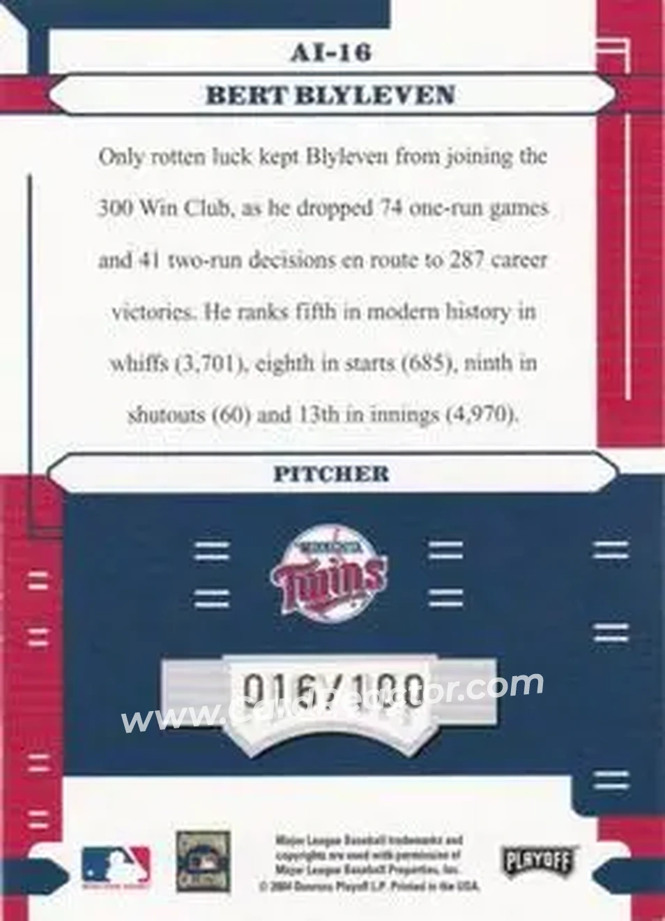 2004 Playoff Absolute Memorabilia - Absolutely Ink #AI-16 - Bert Blyleven - Minnesota Twins - Back
