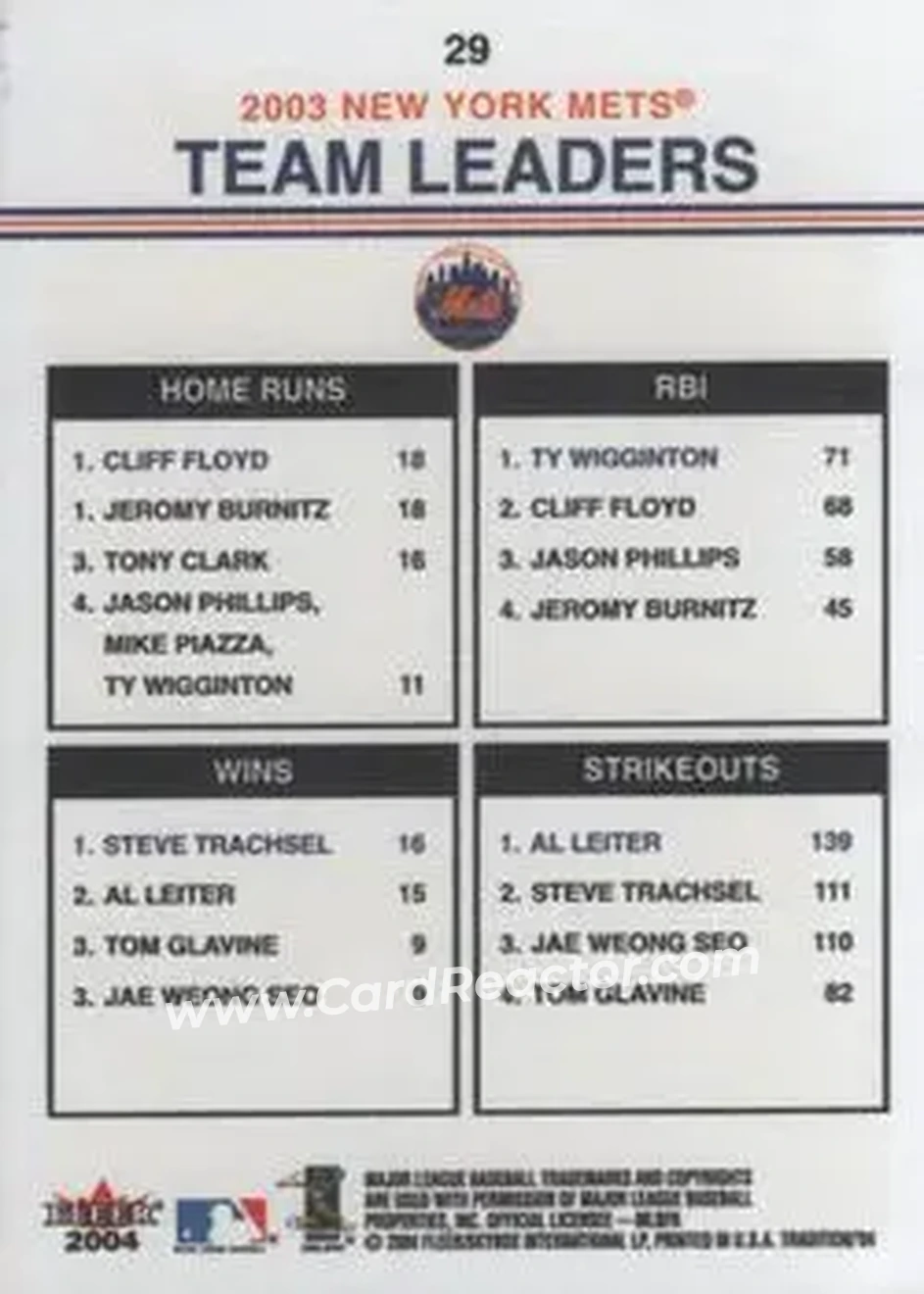 2004 Fleer Tradition #29 - Cliff Floyd - Ty Wigginton - Steve Trachsel - Al Leiter - New York Mets - Back