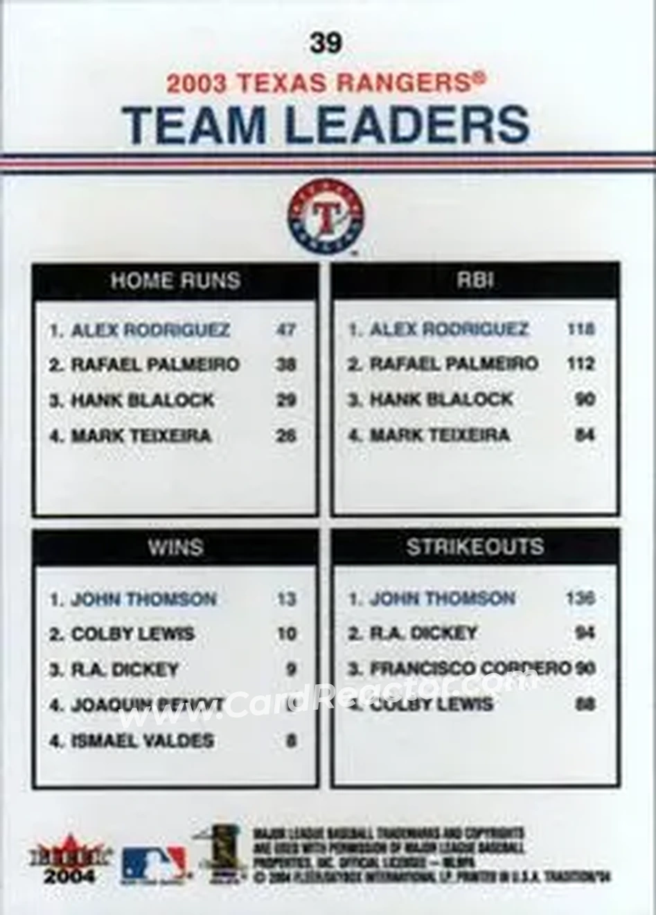 2004 Fleer Tradition #39 - Alex Rodriguez - John Thomson - Texas Rangers - Back 2004 Fleer Tradition #39 - Alex Rodriguez - John Thomson - Texas Rangers - Back