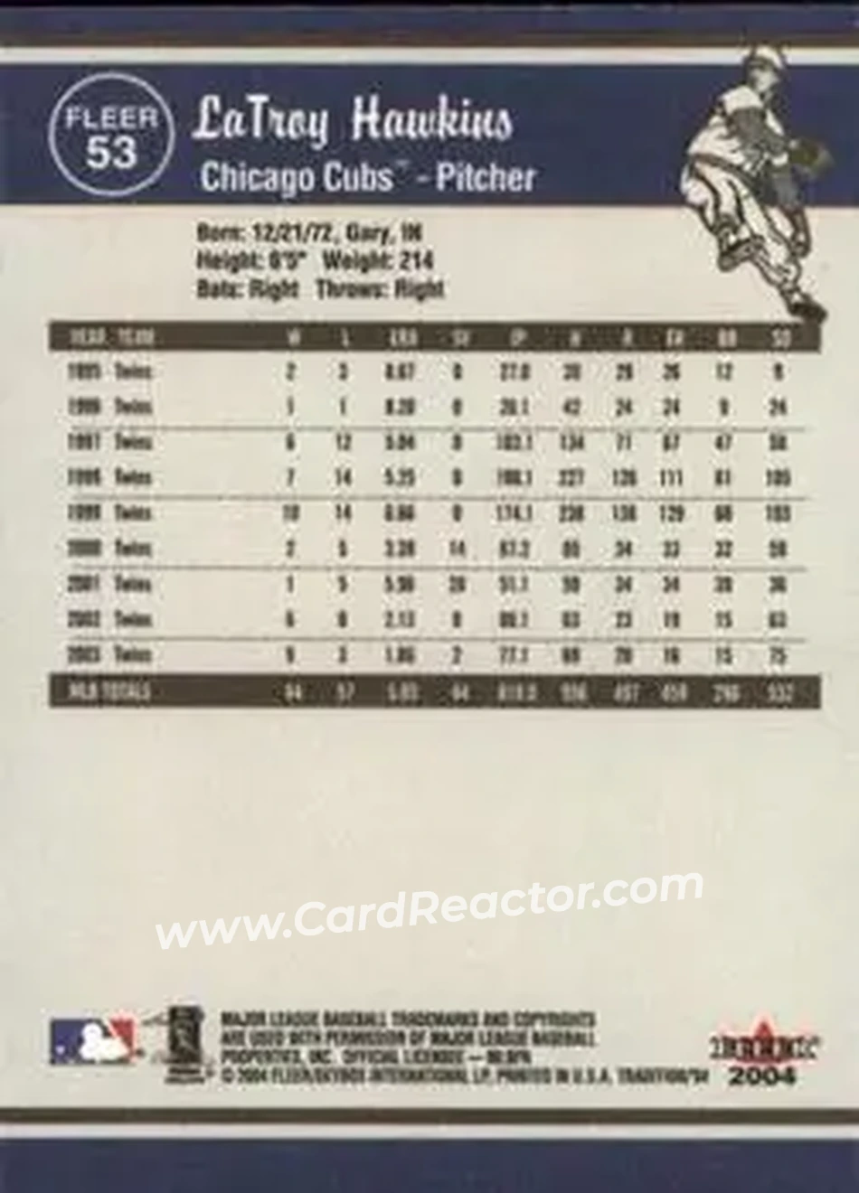 2004 Fleer Tradition #53 - LaTroy Hawkins - Chicago Cubs - Back
