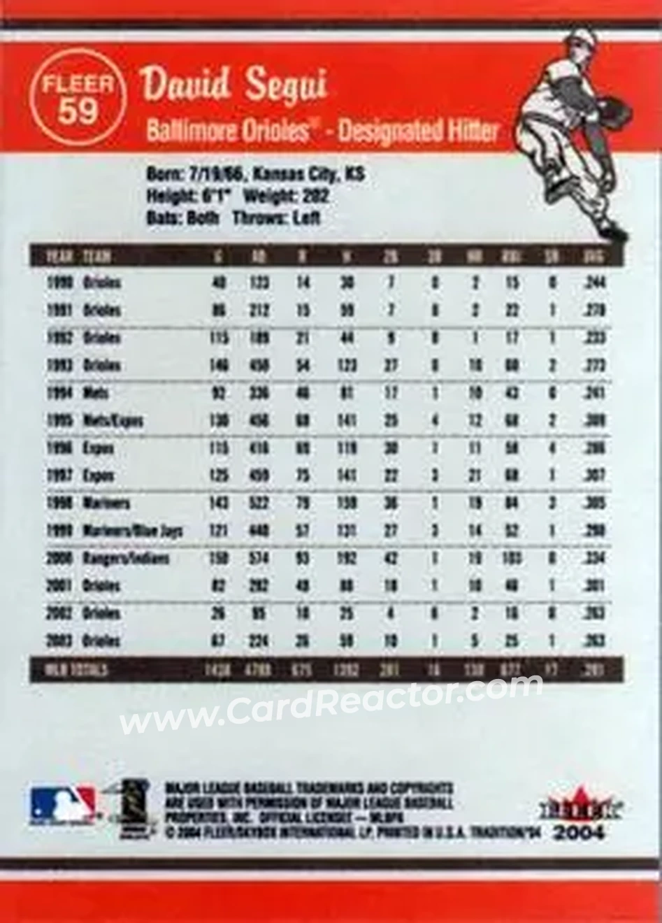2004 Fleer Tradition #59 - David Segui - Baltimore Orioles - Back 2004 Fleer Tradition #59 - David Segui - Baltimore Orioles - Back