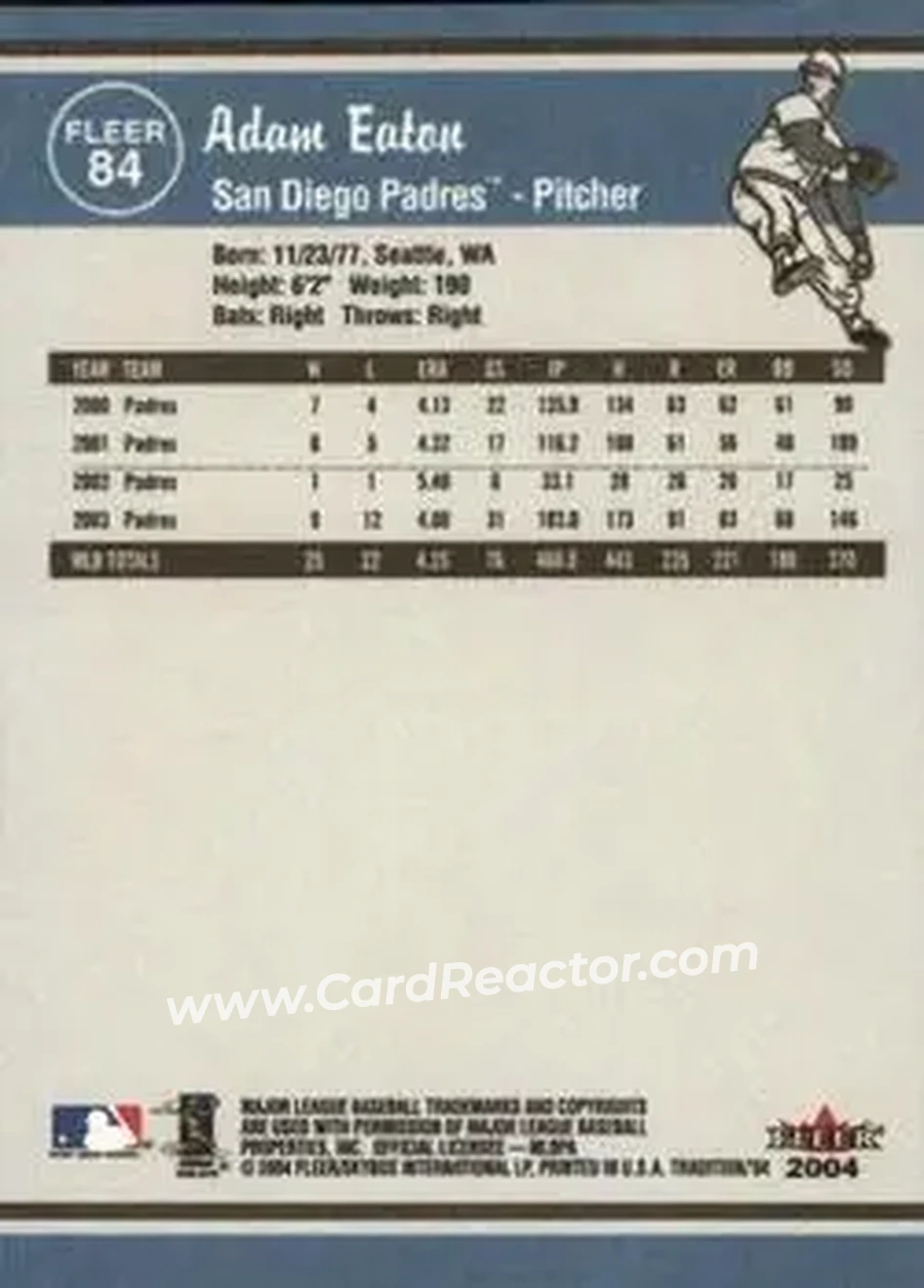 2004 Fleer Tradition #84 - Adam Eaton - San Diego Padres - Back 2004 Fleer Tradition #84 - Adam Eaton - San Diego Padres - Back