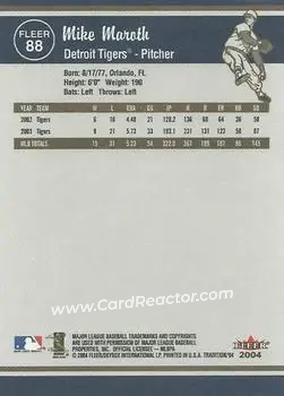 2004 Fleer Tradition #88 - Mike Maroth - Detroit Tigers - Back 2004 Fleer Tradition #88 - Mike Maroth - Detroit Tigers - Back