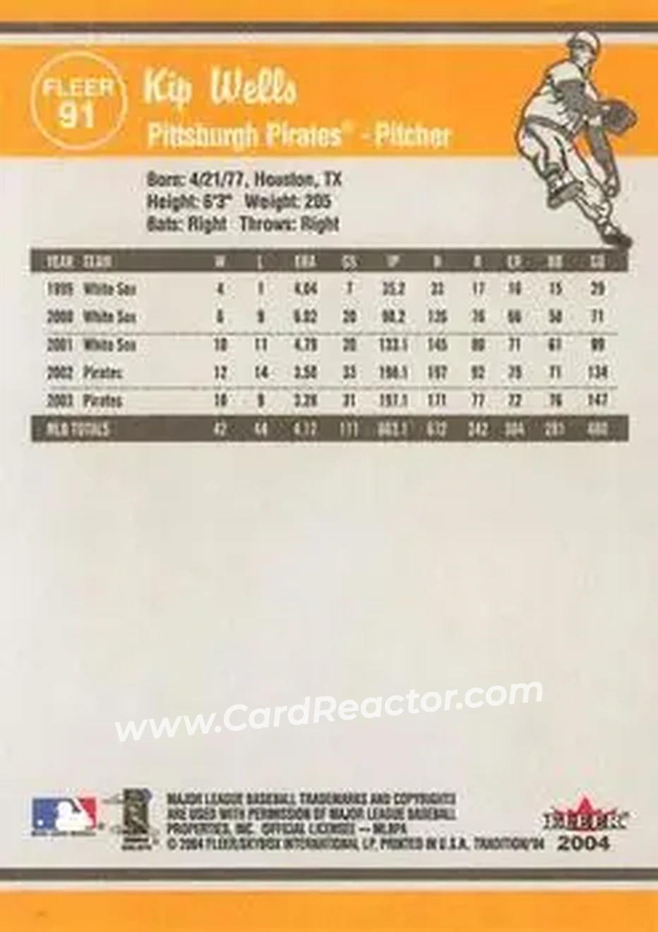 2004 Fleer Tradition #91 - Kip Wells - Pittsburgh Pirates - Back 2004 Fleer Tradition #91 - Kip Wells - Pittsburgh Pirates - Back