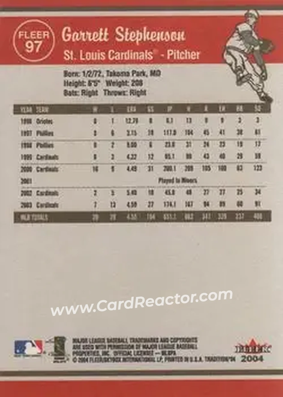 2004 Fleer Tradition #97 - Garrett Stephenson - St. Louis Cardinals - Back