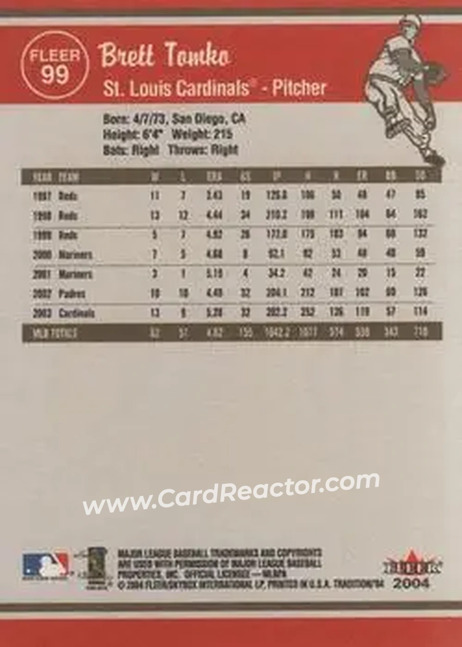 2004 Fleer Tradition #99 - Brett Tomko - St. Louis Cardinals - Back 2004 Fleer Tradition #99 - Brett Tomko - St. Louis Cardinals - Back