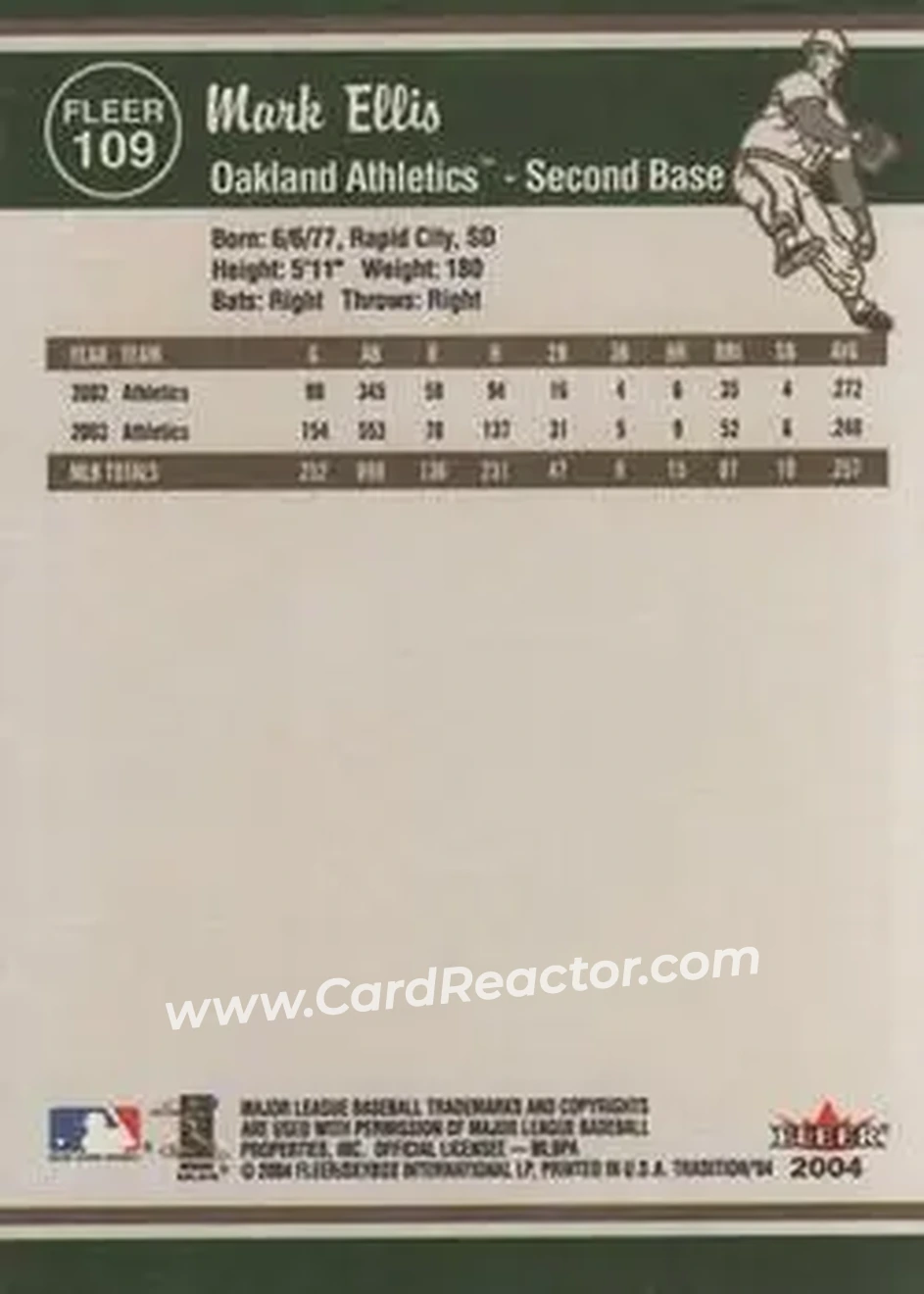 2004 Fleer Tradition #109 - Mark Ellis - Oakland Athletics - Back 2004 Fleer Tradition #109 - Mark Ellis - Oakland Athletics - Back