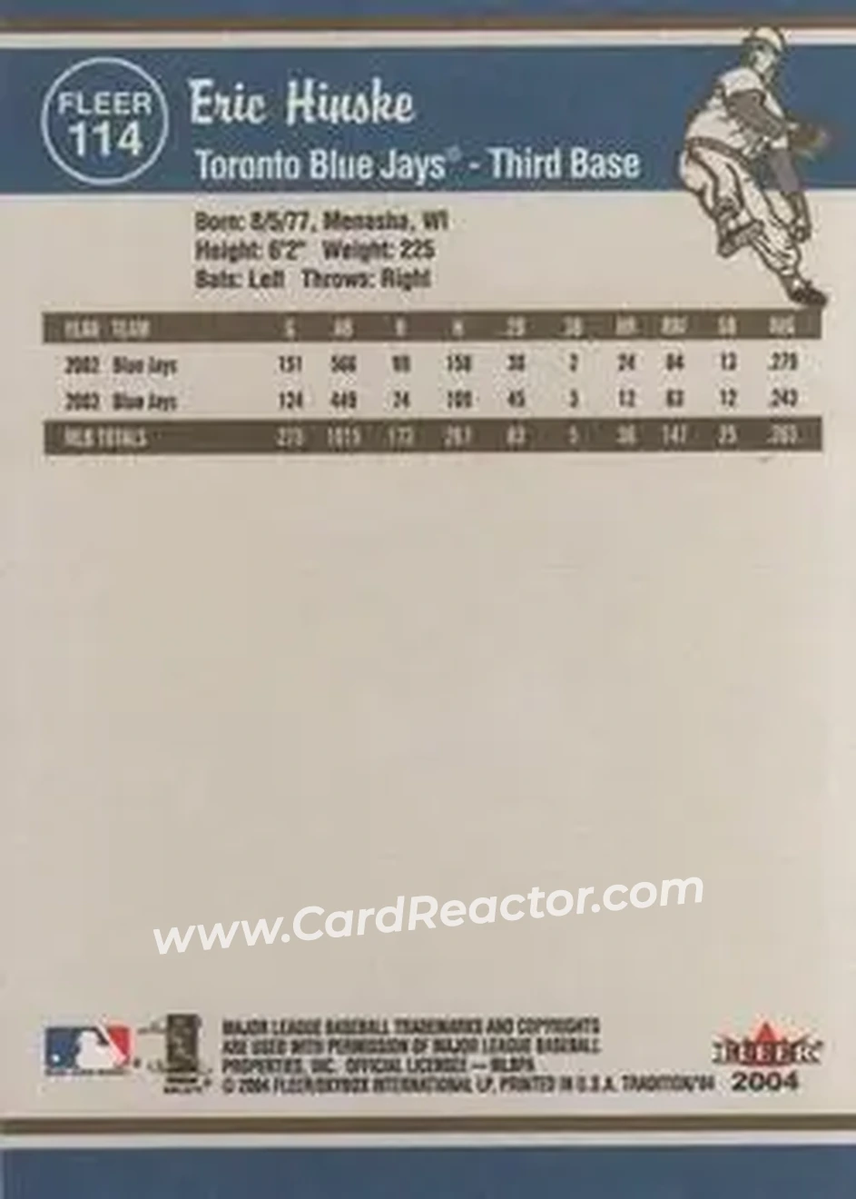 2004 Fleer Tradition #114 - Eric Hinske - Toronto Blue Jays - Back 2004 Fleer Tradition #114 - Eric Hinske - Toronto Blue Jays - Back