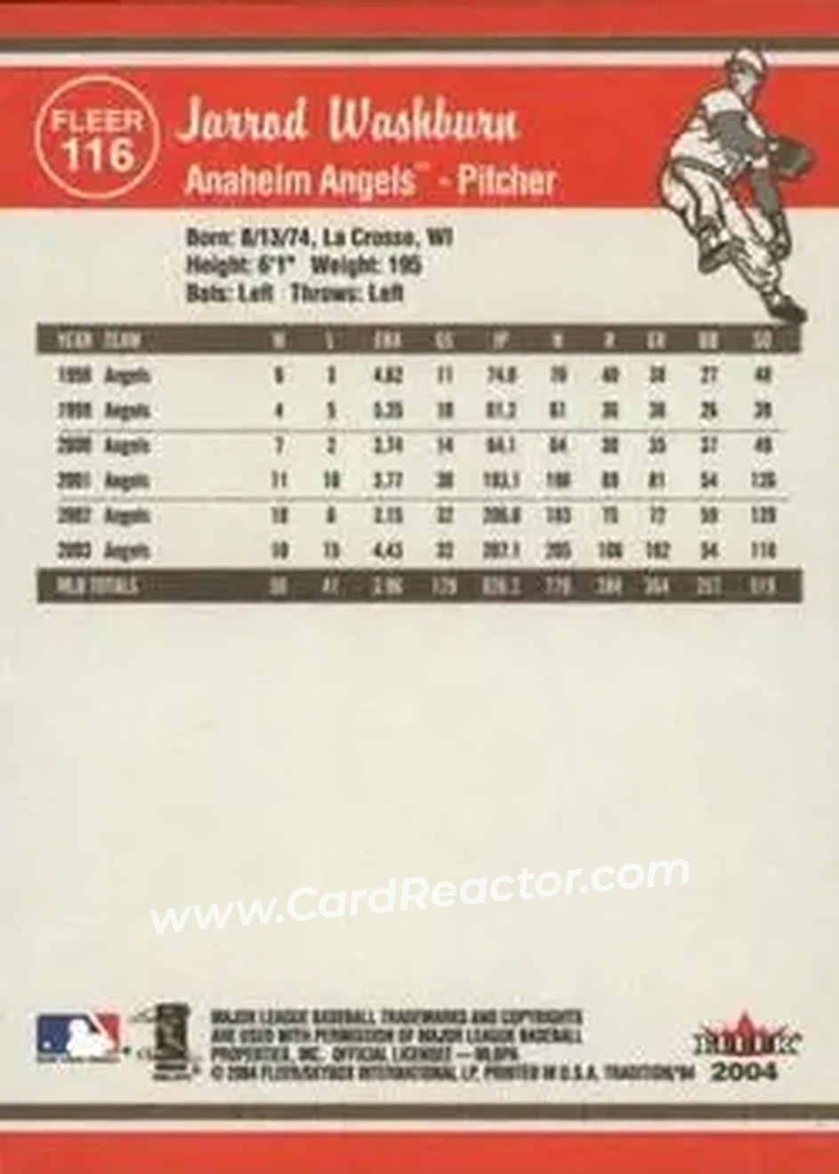 2004 Fleer Tradition #116 - Jarrod Washburn - Anaheim Angels - Back