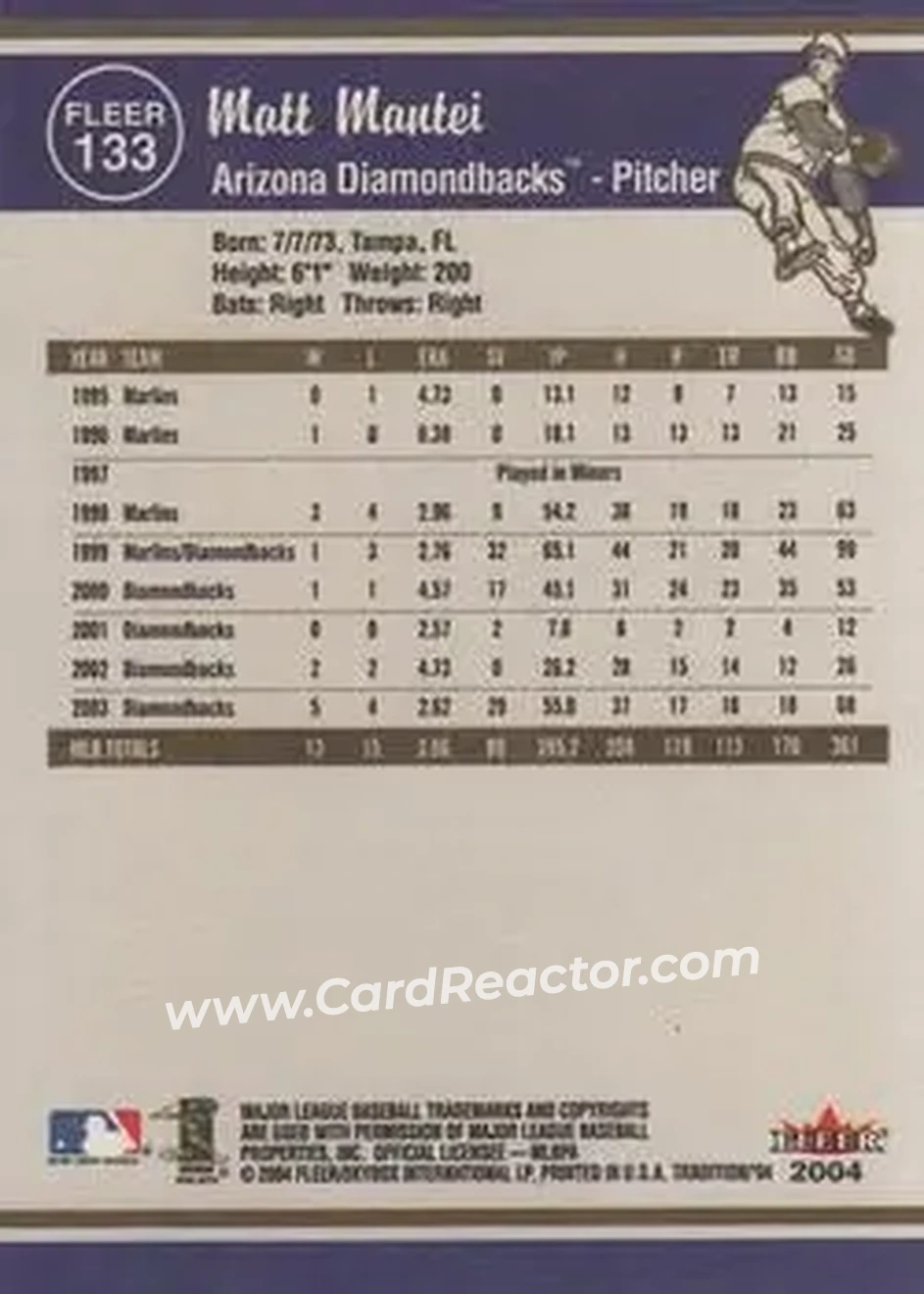 2004 Fleer Tradition #133 - Matt Mantei - Arizona Diamondbacks - Back