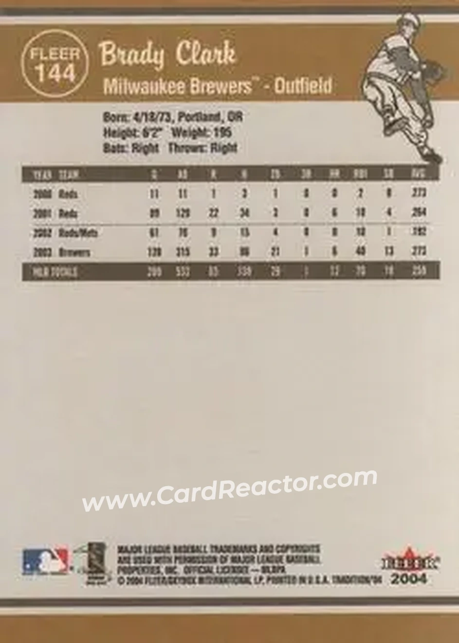 2004 Fleer Tradition #144 - Brady Clark - Milwaukee Brewers - Back 2004 Fleer Tradition #144 - Brady Clark - Milwaukee Brewers - Back