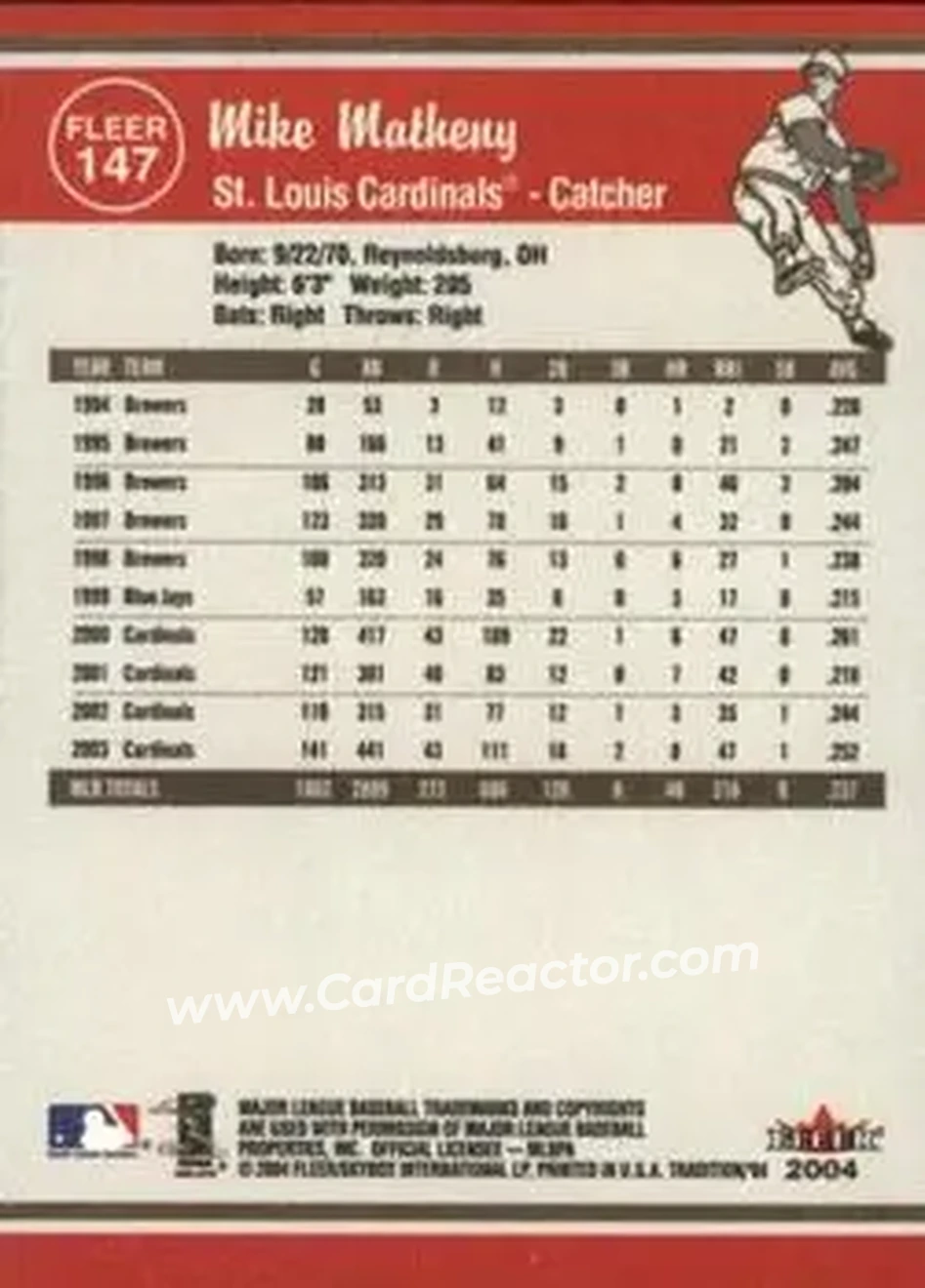 2004 Fleer Tradition #147 - Mike Matheny - St. Louis Cardinals - Back