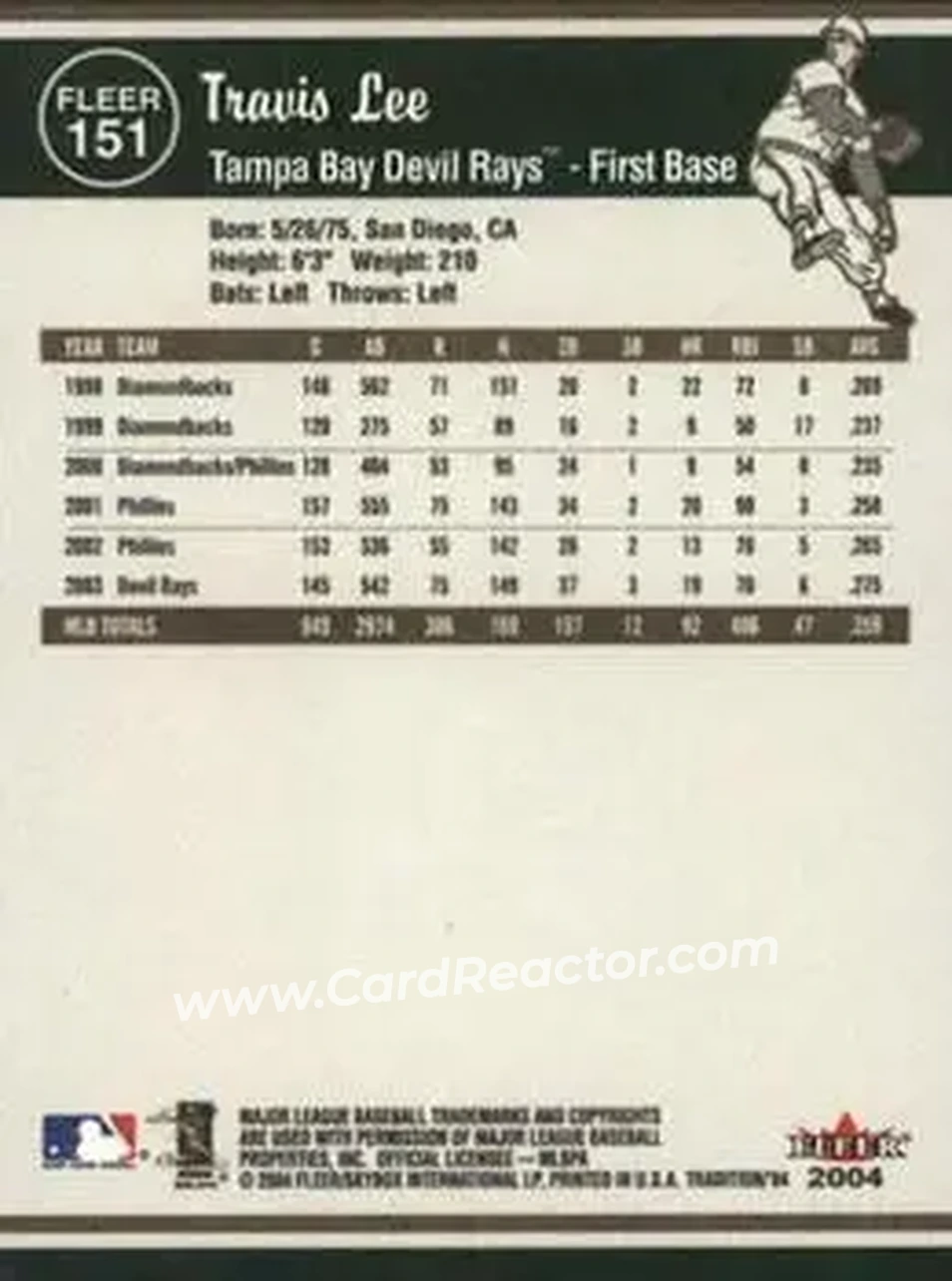 2004 Fleer Tradition #151 - Travis Lee - Tampa Bay Devil Rays - Back 2004 Fleer Tradition #151 - Travis Lee - Tampa Bay Devil Rays - Back