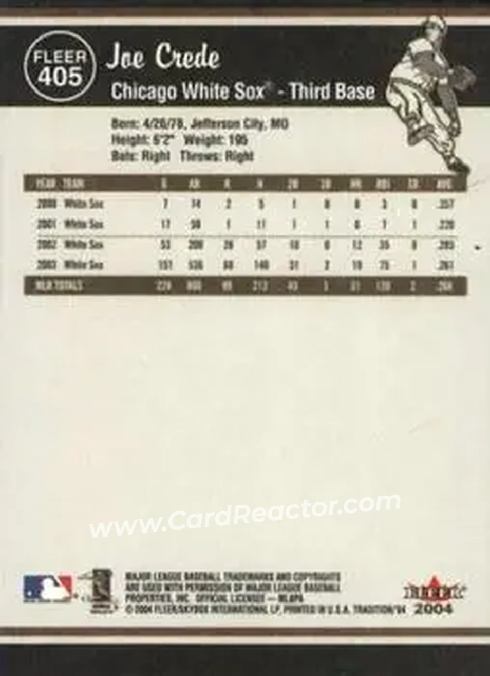 2004 Fleer Tradition #405 - Joe Crede - Chicago White Sox - Back