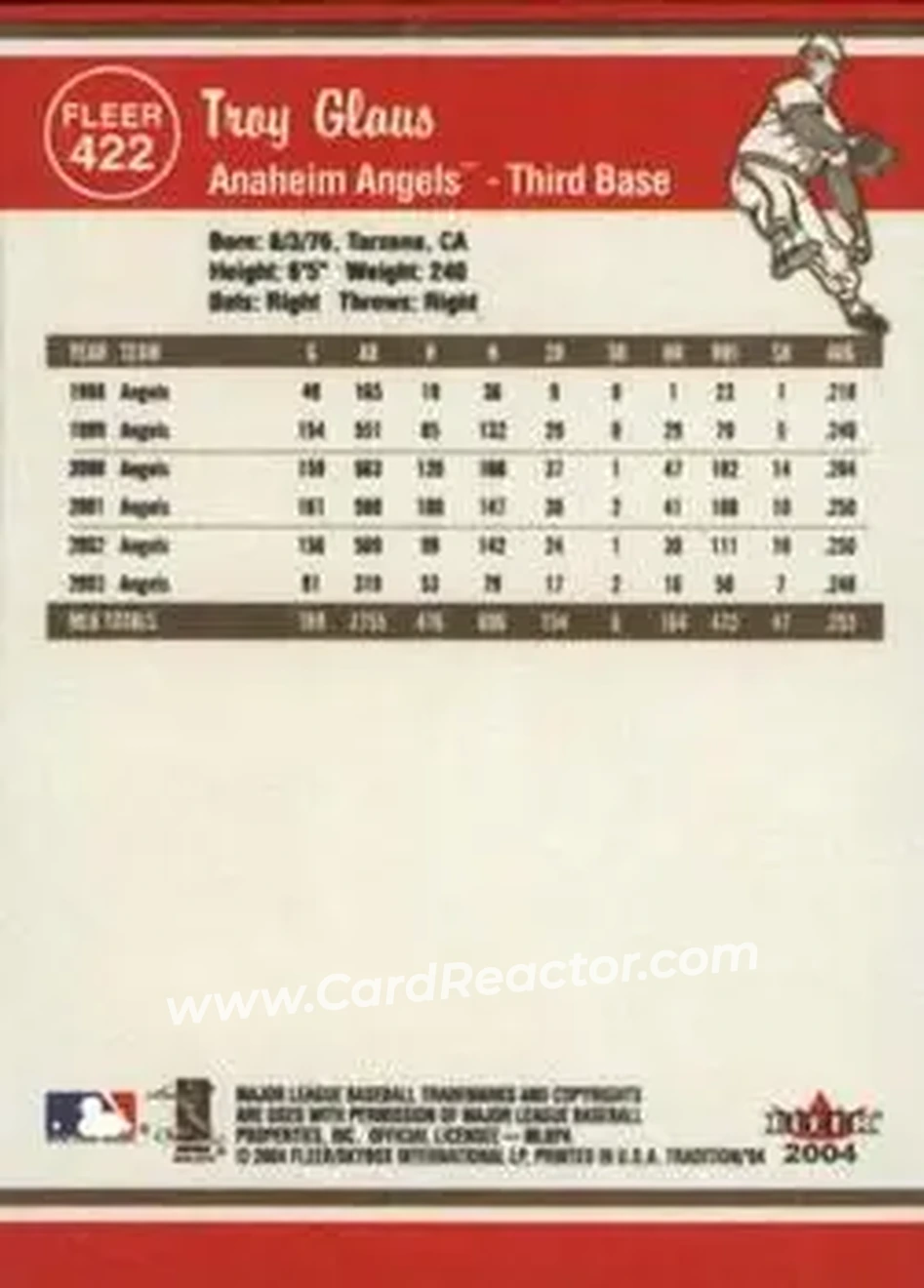 2004 Fleer Tradition #422 - Troy Glaus - Anaheim Angels - Back