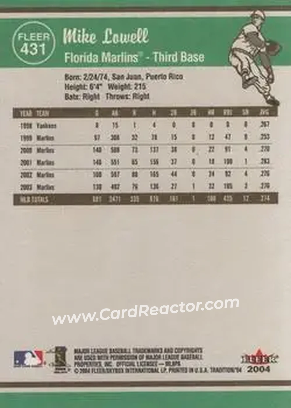 2004 Fleer Tradition #431 - Mike Lowell - Florida Marlins - Back