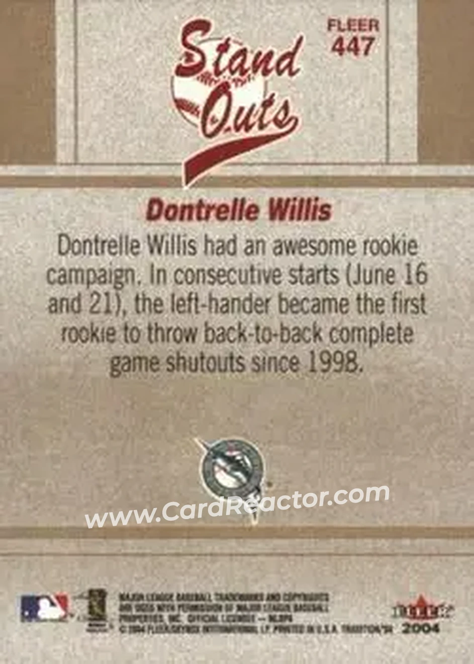 2004 Fleer Tradition #447 - Dontrelle Willis - Florida Marlins - Back