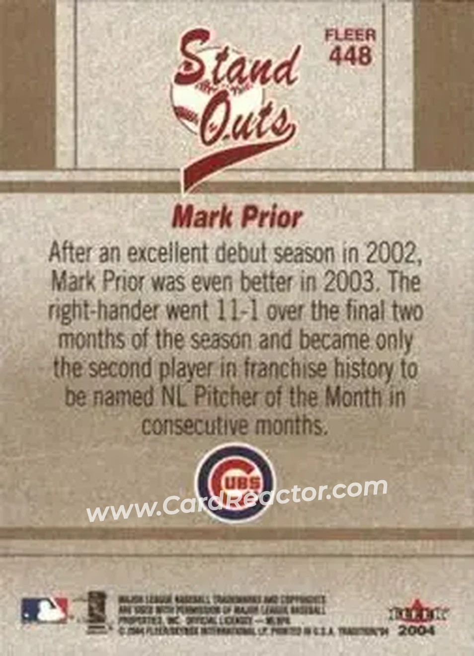2004 Fleer Tradition #448 - Mark Prior - Chicago Cubs - Back