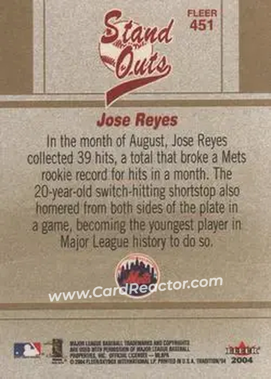 2004 Fleer Tradition #451 - Jose Reyes - New York Mets - Back