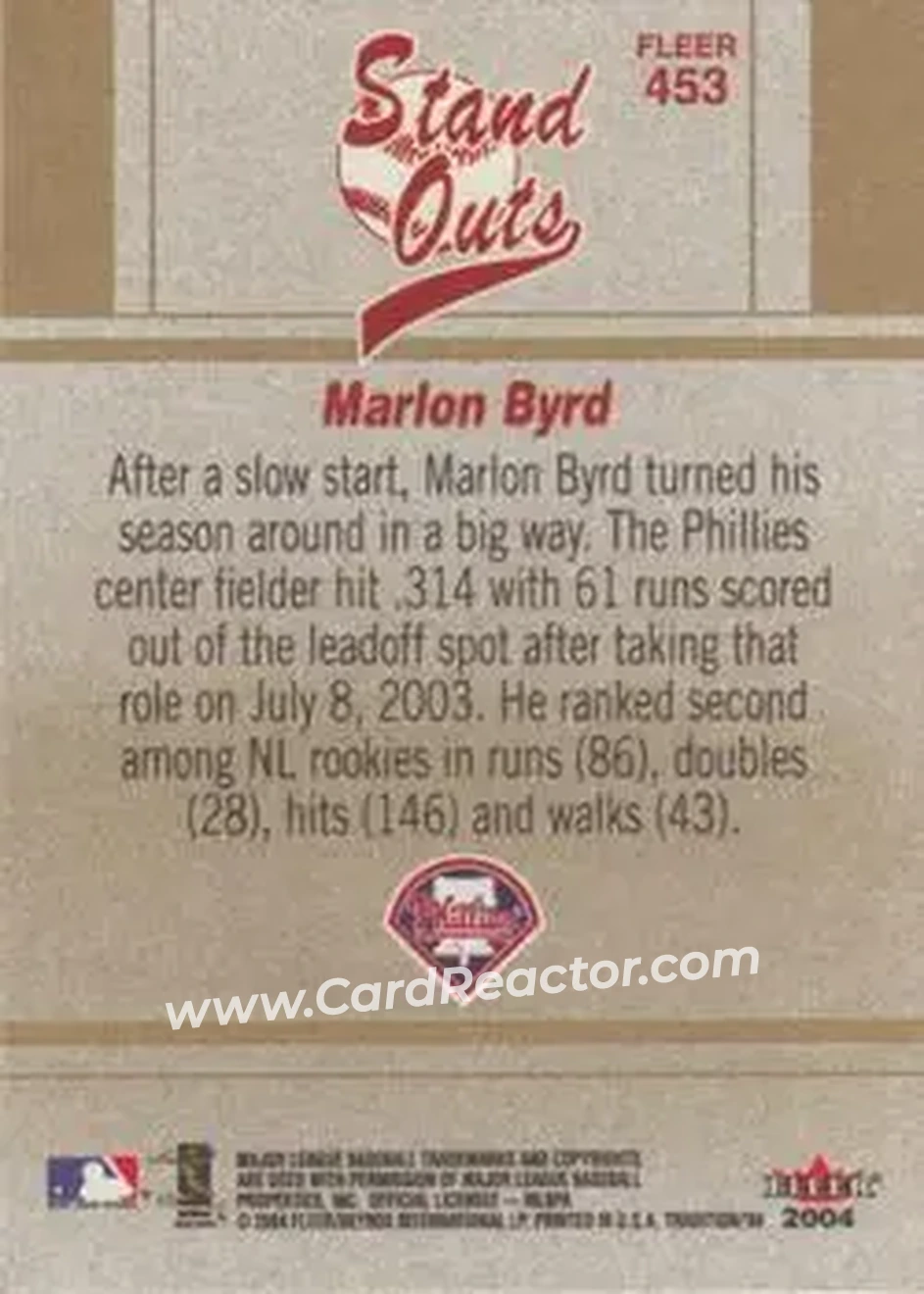 2004 Fleer Tradition #453 - Marlon Byrd - Philadelphia Phillies - Back