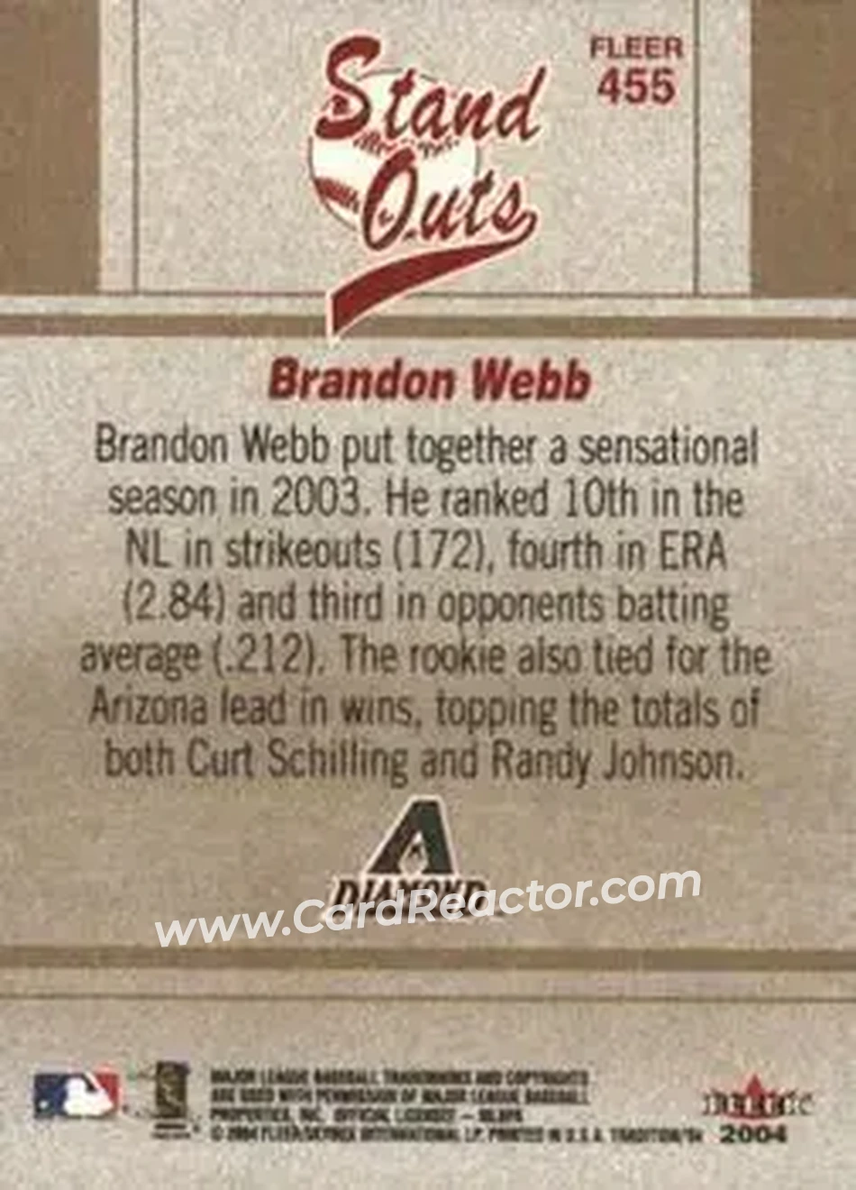 2004 Fleer Tradition #455 - Brandon Webb - Arizona Diamondbacks - Back