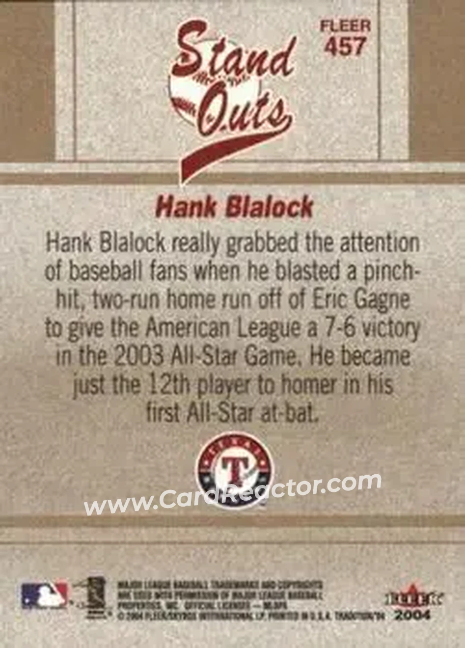 2004 Fleer Tradition #457 - Hank Blalock - Texas Rangers - Back