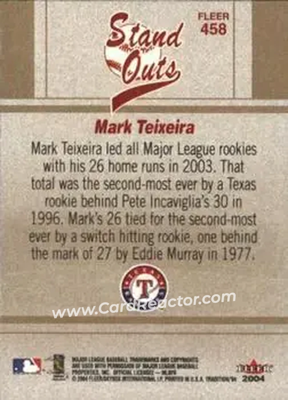 2004 Fleer Tradition #458 - Mark Teixeira - Texas Rangers - Back