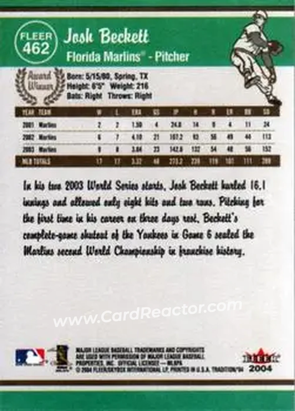 2004 Fleer Tradition #462 - Josh Beckett - Florida Marlins - Back